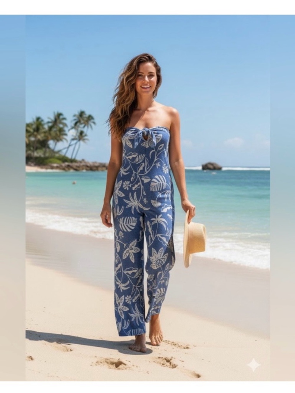 American Eagle Outfitters blue tropical Floral Wide-Leg Jumpsuit cotton terry M